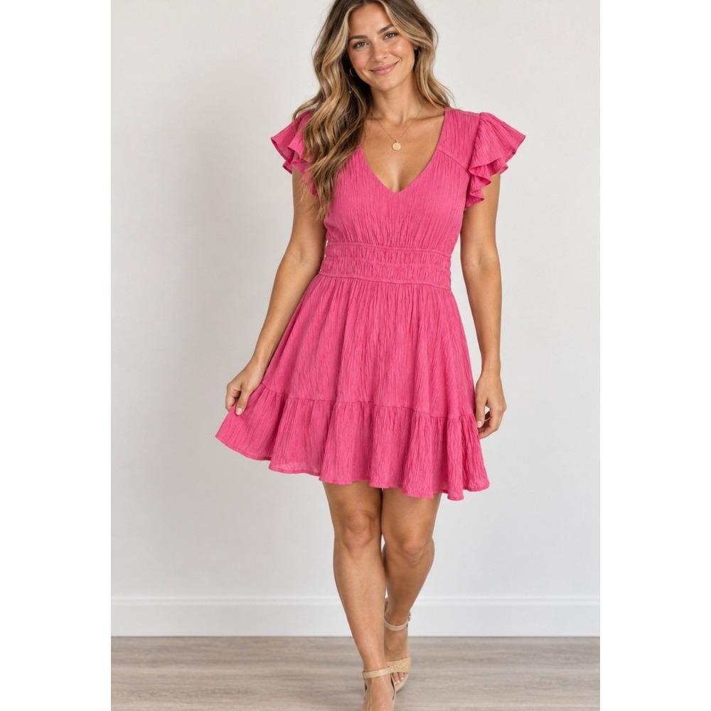 Blu Pepper Dress Size S Pink Crinkle Gauze Barbiecore Festival Romantic Tiered